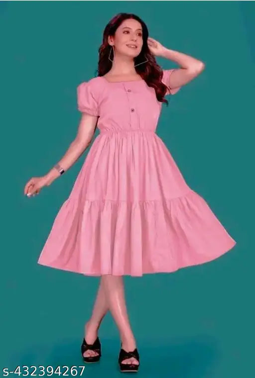 Baby Pink Rayon Solid Square Pleated Flared Kurti, short sleeves, elevates style for various bodies