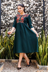 Dark green embroidered rayon Anarkali kurti for women, India-origin traditional Indian wear with three-quarter sleeves