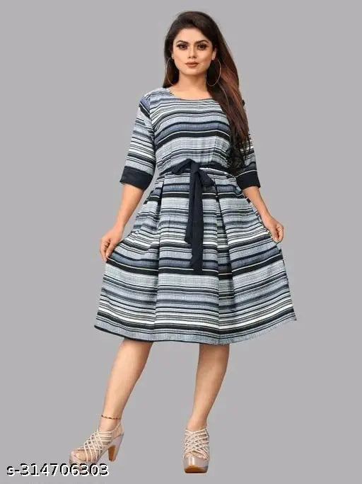 Comfortable crepe short dress for women, printed combo or striped net sleeves (India)