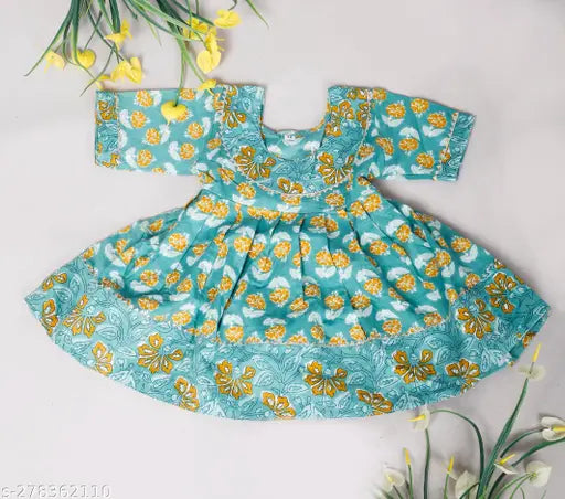 Green floral printed pure cotton kurti frock for baby girls by Spack Jerrow, short sleeves
