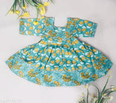 Green floral printed pure cotton kurti dress for baby girls, short sleeves, Spack Jerrow design
