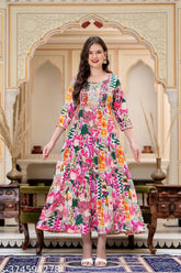 Rayon multi-boota kurta with printed combo, three-quarter sleeves for Indian women's fashion, size S to XXXL