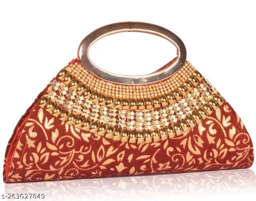 Embellished PU bridal clutch, free size for modern or traditional outfits, featuring a cosmetic bag. Indian-made hand clutch with synthetic inner lining