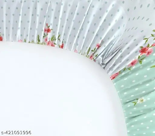 Green dotted cotton fitted king double bed sheets with 2 large pillow covers, elastic all around, floral print - Blinkberry