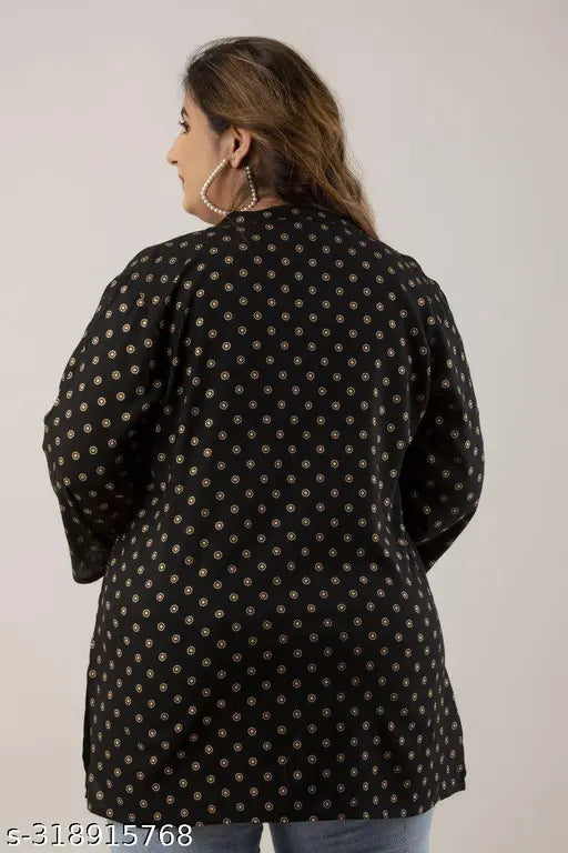 Black-and-gold polka dot plus size rayon kurti top/tunic, comfortable, three-quarter sleeves, machine washable, India origin