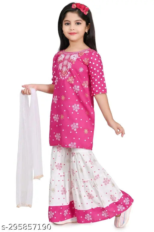 Stylish kids rayon kurta palazzo set with dupatta, checked pattern, knee-length tops and three-quarter sleeves. Colors: Multi, sizes 3-4Y to 11-12Y. Indian print children's clothing