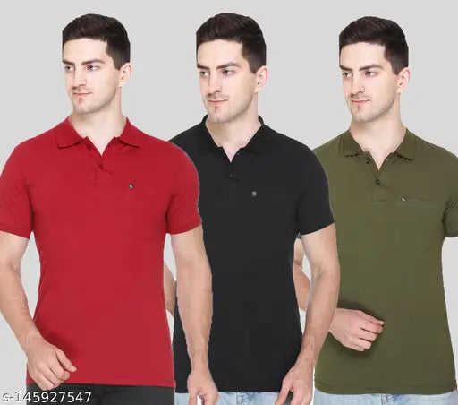White cotton half sleeve polo tees, pack of 3 for men's multipurpose wear - India