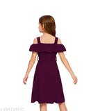 Cotton blend midi-length party dress for girls, solid pattern in various sizes (3-4yrs - 12-13yrs) from India