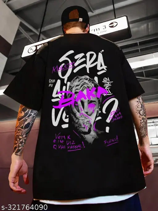 Black cotton blend loose fit t-shirt with printed net design, short sleeves. One size available (S - chest 40in, length 27in). Made in India