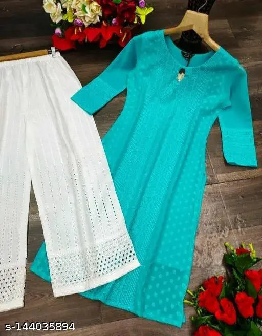 Embroidered Georgette Kurta Set with Palazzos, women's attractive Indian wear in various sizes - S to XXXL