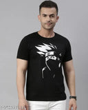 Anime printed polyester t-shirt with striped pattern, short sleeves, durable stitch, and soft touch - Made in India (M: 19in chest, L: 20in chest, XL: 21in chest)