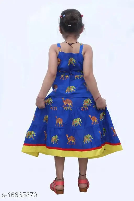 Cotton DIAMO Animal Block Print lehenga and choli for baby girls, quirky printed skirt top with sleeveless net, 3-12 months sizes