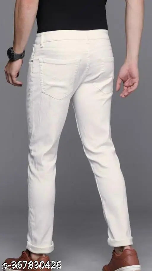 MOD Men plain white cotton blend jeans, solid front design, various sizes available