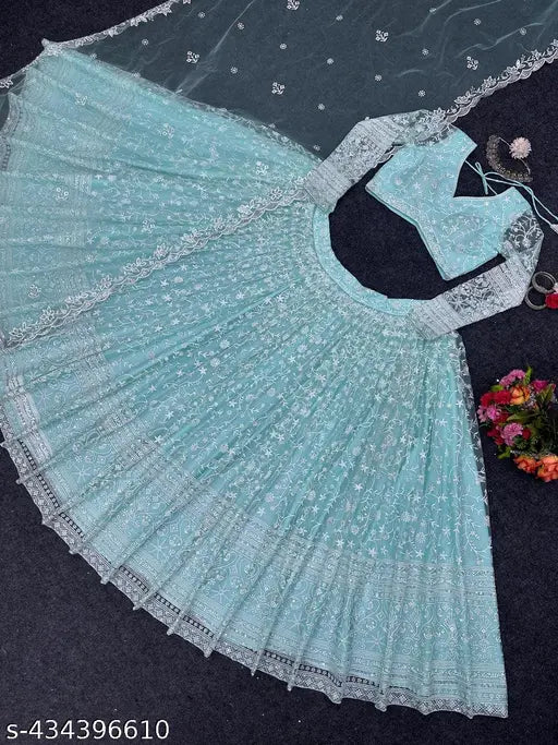 Fashionable traditional net lehenga choli with embroidered dupatta for Indian women's festive occasions and weddings, semi-stitched (42waist, 42length, 70duppattalength)