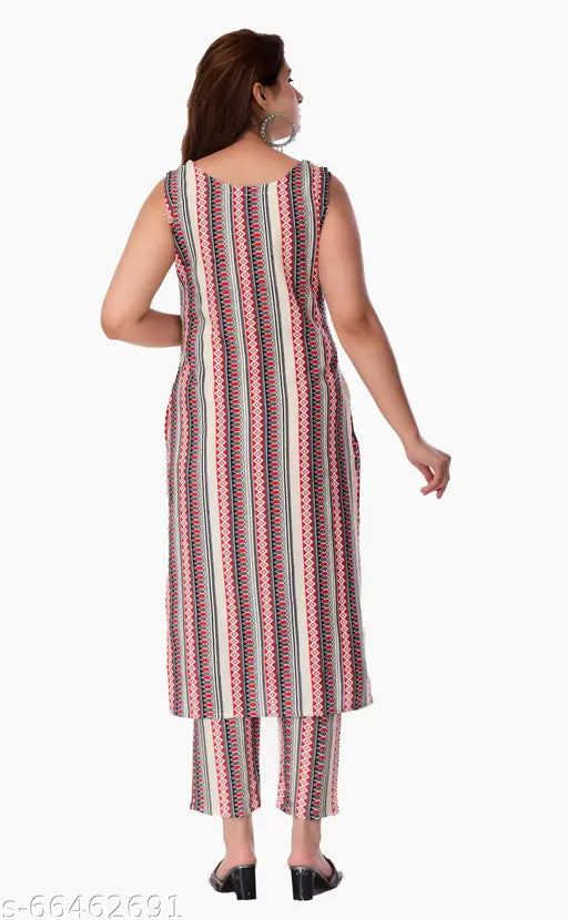 Rayon printed kurta pant set, sleeveless, feminine and modest women's outfit from India