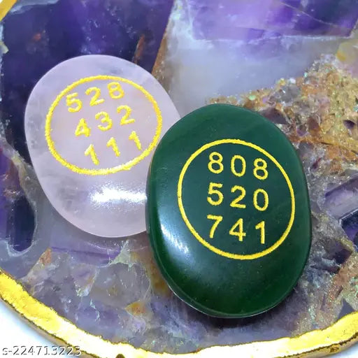 Green Jade & Rose Quartz Feng Shui Money Attraction Coin, oval shape cabochon with Zibu symbol and Angel Nos. 808 520 741 for wealth, prosperity, and cash flow