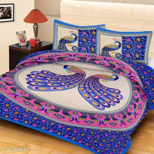 Peacock print microfiber double bed sheet set with 4 pillow covers, vibrant Ludo design on display