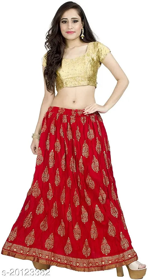 Traditional rayon ethnic long skirt with printed net pattern, DIAMO name on Indian fabric