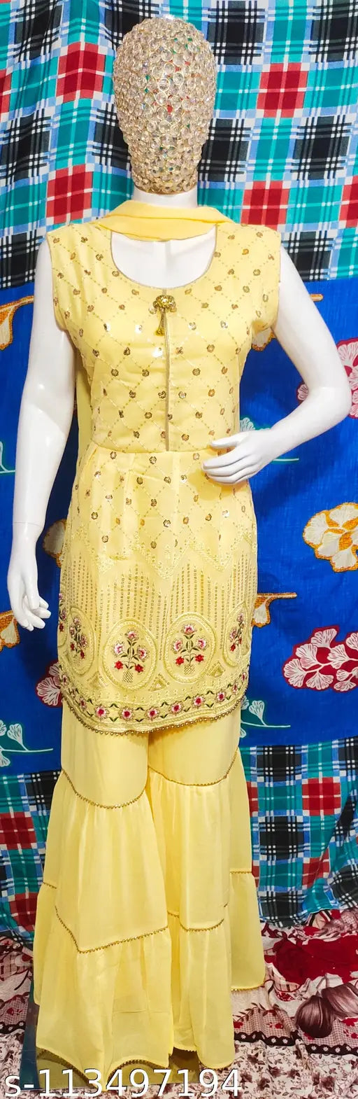 Georgette two-piece Sharara frock with dupatta and embroidery, featuring sleeveless design, lace work, and ketty detailing. XL or XXL size, made in India