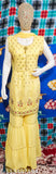 Georgette two-piece Sharara frock with dupatta and embroidery, featuring sleeveless design, lace work, and ketty detailing. XL or XXL size, made in India