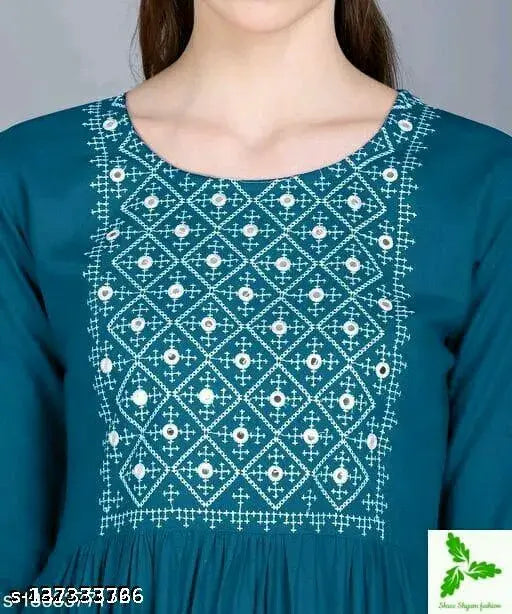 Rayon Anarkali Kurta, embellished yoke motifs, women's three-quarter sleeve fashion from India