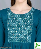 Rayon Anarkali Kurta, embellished yoke motifs, women's three-quarter sleeve fashion from India