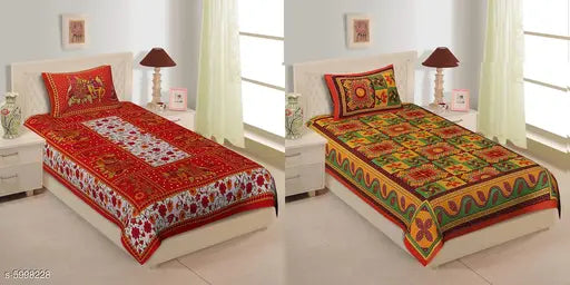 Trendy cotton single bedsheet, 160 thread count, pack of 2 with 2 pillow covers, India origin
