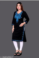 Wool three-quarter sleeve embroidered winter kurtis, single sizes L (40in bust/length) and XL (42in bust/length), handcrafted from India