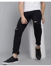 Man black knee-cut denim jeans with ripped pattern, size 30 (waist 30in, length 41in), from India