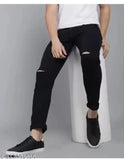 Man black knee-cut denim jeans with ripped pattern, size 30 (waist 30in, length 41in), from India