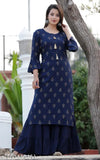 Blue printed rayon straight kurta and sharara set with three-quarter sleeves, rayon fabric for women, Indian traditional clothing on display