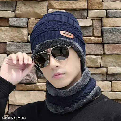 Wool skull cap with neck, self-design pattern, warm and cozy accessory for winter, made in India