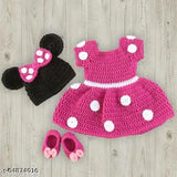 Knitted wool baby dress, self-design net pattern, short sleeves, 0-3M size (bust 10.5in, length 12in), made in India
