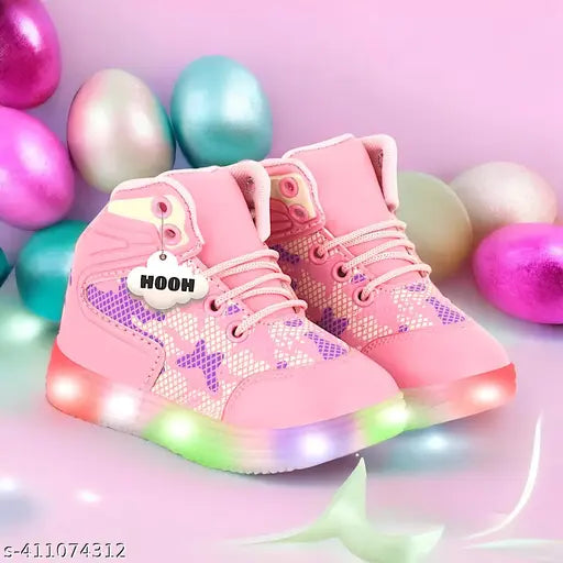 Pink synthetic leather sneakers with LED lighting, waterproof and lightweight for kids' daily/party wear - ideal sizes: 9 months to 12 years