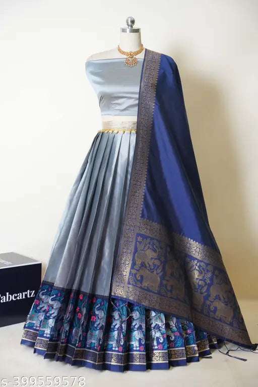 South Indian Style Half Saree in Litchi Silk with Zari work, semi-stitched choli and dupatta, 40" waist, 42" length, tussled edges, belt included