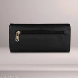 Black faux leather trendy wallet, ALSU women's design with 3 compartments, 4 card slots, and phone pocket. Compact yet spacious size for easy portability, made in India