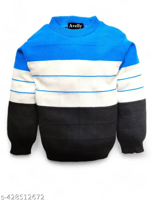Soft wool boys' striped blue sweater with intricate patterns - perfect for 9-11 year olds, made in India