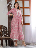 Trendy pink rayon floral kurti, three-quarter sleeves, party wear, printed combo, M (38in bust, 51in length), L (40in bust, 51in length) - Indian women's fashion for festivals