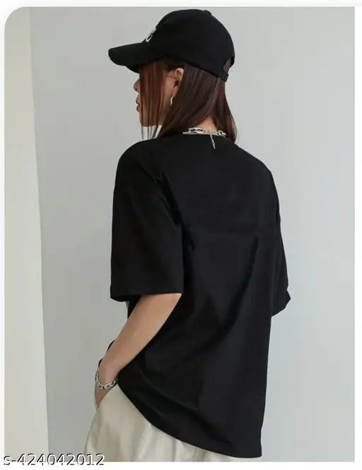 Oversized black cotton blend t-shirt with cool summer print, short sleeves