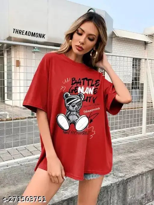 Red oversize cotton t-shirt for girls, trendy and comfy with short sleeves, vibrant color and soft feel