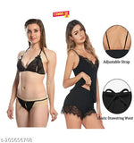 New stylish nylon nightdress set, free size 28-36in. Lace bra and panty lingerie for women's sleepwear