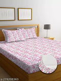 White DWORTH Premium Cotton Elastic Fitted Bedsheets, double bed size with all-around elastic and 2 pillow covers. Floral pattern, superfine quality, and 220 thread count for a summer sleep experience. Made from 100% peached cotton