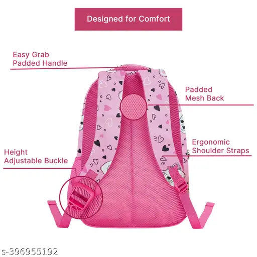 Frantic pink polyester school backpack for class 1-8, featuring cat and dog design