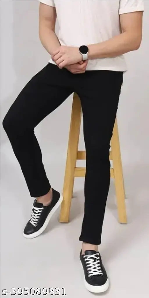Black cotton plain jeans for men by Shriradhe Enterprises, perfect fit for any occasion. (Size 30: Waist 30in, Length 39in, Hip 32in; Size 36: Waist 36in, Length 39in, Hip 38in) Made in India