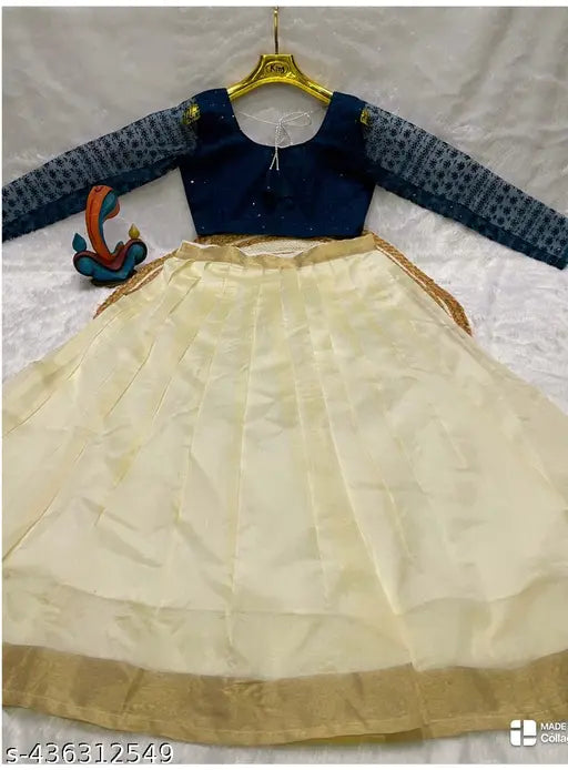 Teal Pattupavada Set, embroidered net top with Kerala silk skirt, full sleeve, back side dori and fumaka, sizes S-XXXL