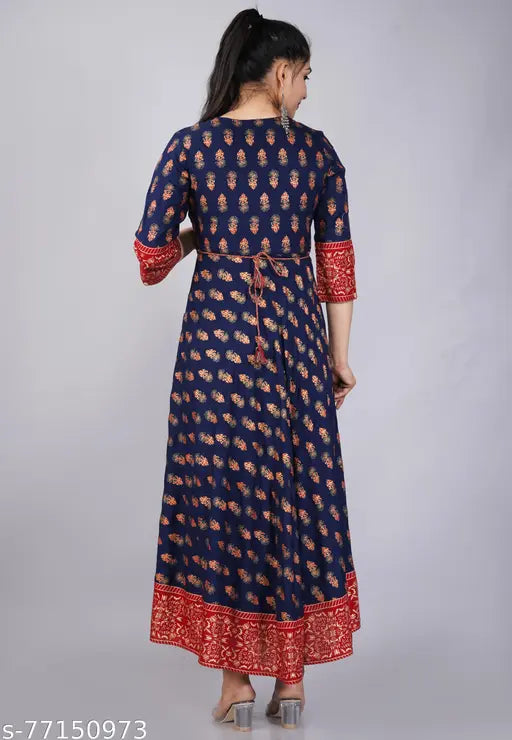 Gold print Anarkali kurta with Dori, rayon fabric, three-quarter sleeves - Indian traditional party wear