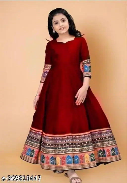 Red cotton blend printed net gown, three-quarter sleeves for girls party dresses, size 5-6 years (bust 28in, length 30in), India origin