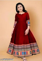 Red cotton blend printed net gown for girls, three-quarter sleeves, stylish party dress, size 5-6 years (bust 28in, length 30in)