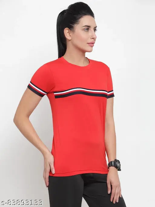 Striped polyester Boston club t-shirt for women, short sleeves on display