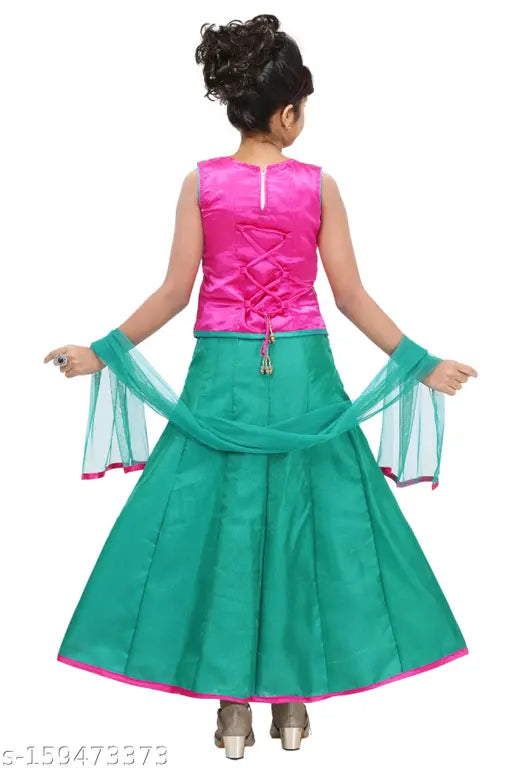 Sleeveless polyester Lehenga Choli & net Dupatta set, embroidered & stitched, Indian ethnic wear for special occasions